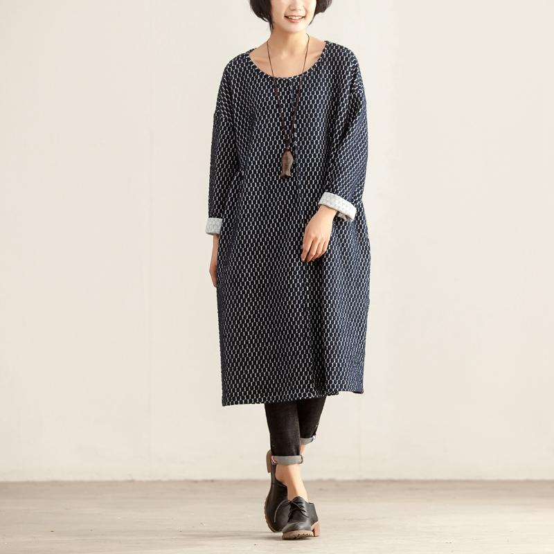 Autumn Women Round Neck Long Sleeve Navy Blue Dots Dress