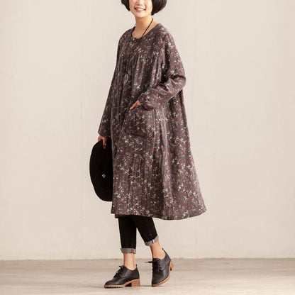 Women Retro Round Neck Long Sleeve Floral Printing Dress