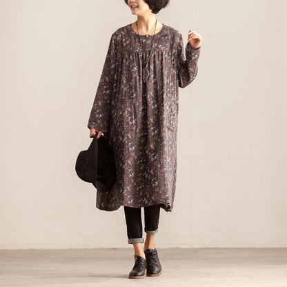 Women Retro Round Neck Long Sleeve Floral Printing Dress