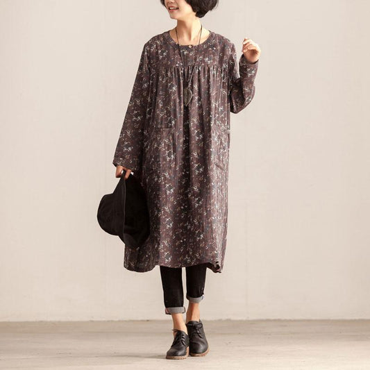 Women Retro Round Neck Long Sleeve Floral Printing Dress