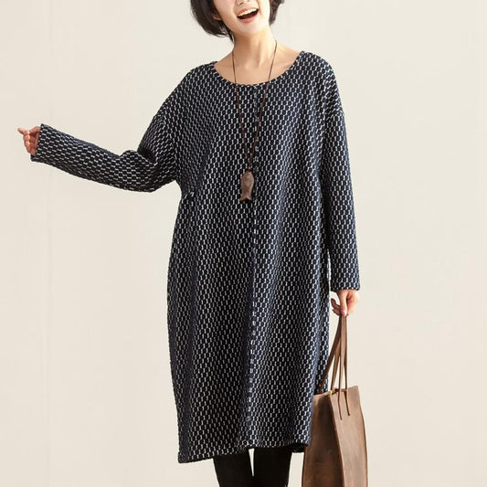 Autumn Women Round Neck Long Sleeve Navy Blue Dots Dress
