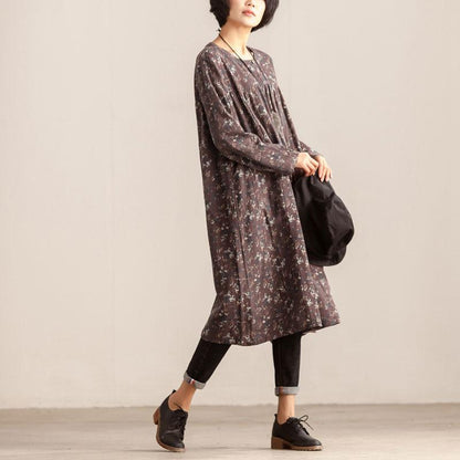 Women Retro Round Neck Long Sleeve Floral Printing Dress