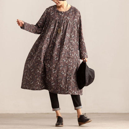 Women Retro Round Neck Long Sleeve Floral Printing Dress