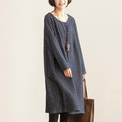 Autumn Women Round Neck Long Sleeve Navy Blue Dots Dress