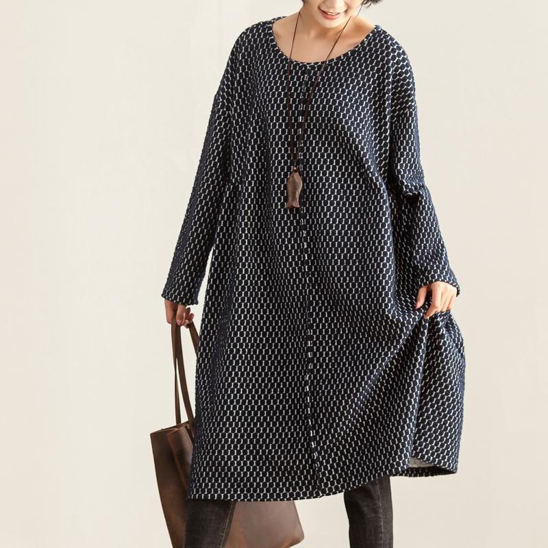 Autumn Women Round Neck Long Sleeve Navy Blue Dots Dress