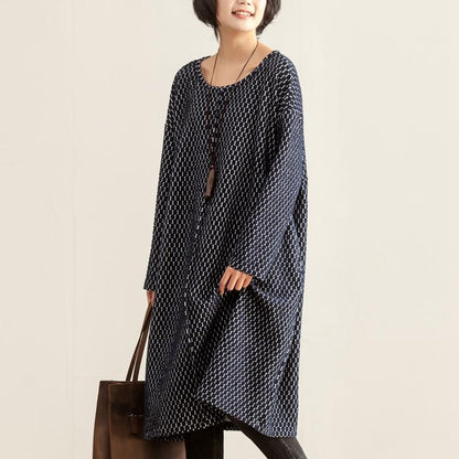 Autumn Women Round Neck Long Sleeve Navy Blue Dots Dress