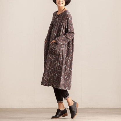 Women Retro Round Neck Long Sleeve Floral Printing Dress