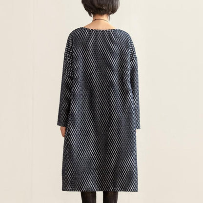 Autumn Women Round Neck Long Sleeve Navy Blue Dots Dress