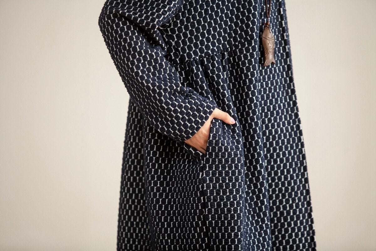 Autumn Women Round Neck Long Sleeve Navy Blue Dots Dress