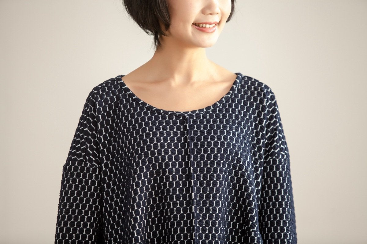 Autumn Women Round Neck Long Sleeve Navy Blue Dots Dress