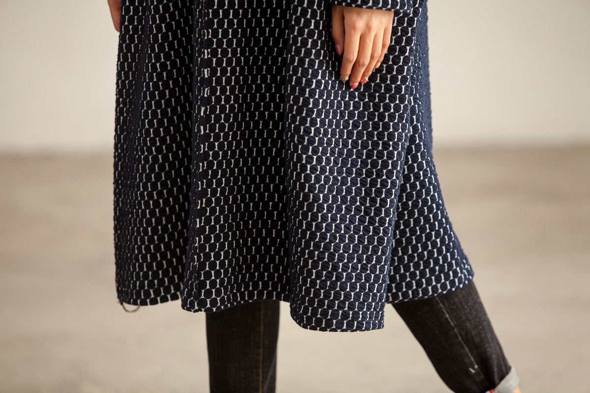 Autumn Women Round Neck Long Sleeve Navy Blue Dots Dress