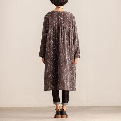 Women Retro Round Neck Long Sleeve Floral Printing Dress