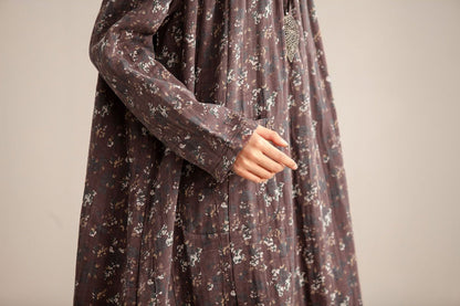 Women Retro Round Neck Long Sleeve Floral Printing Dress