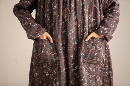 Women Retro Round Neck Long Sleeve Floral Printing Dress