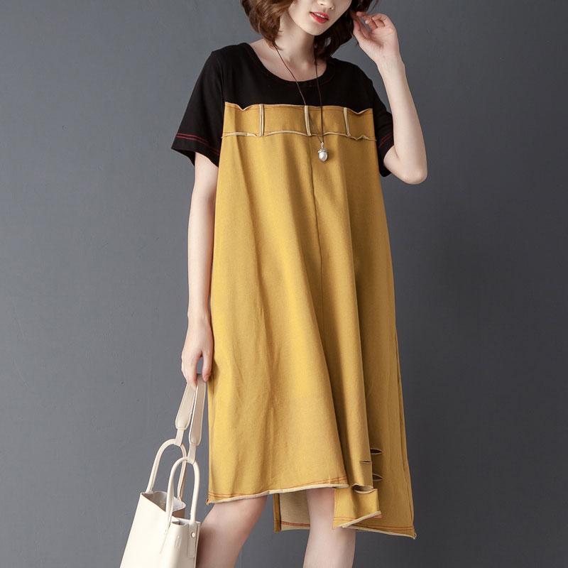 Irregular Splicing Round Neck Short Sleeve Yellow Dress