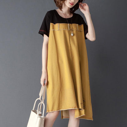 Irregular Splicing Round Neck Short Sleeve Yellow Dress