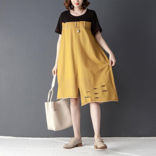 Irregular Splicing Round Neck Short Sleeve Yellow Dress