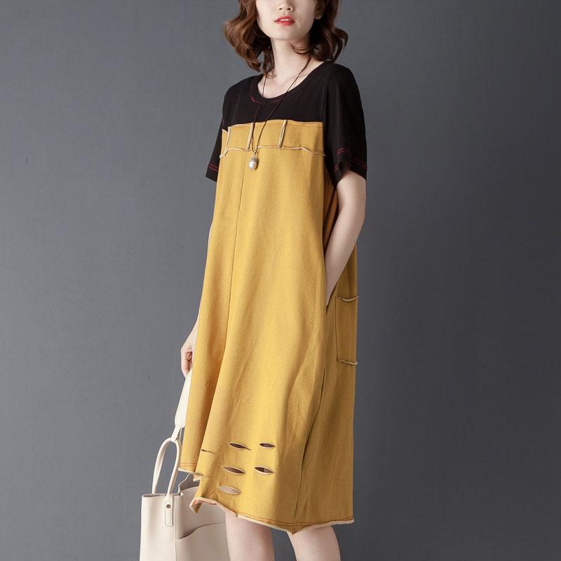 Irregular Splicing Round Neck Short Sleeve Yellow Dress