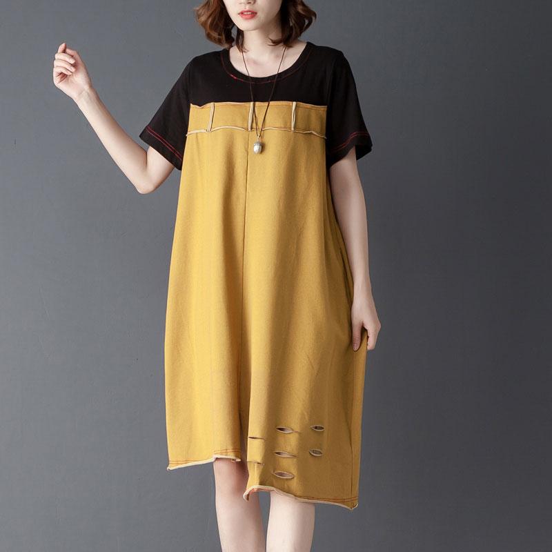 Irregular Splicing Round Neck Short Sleeve Yellow Dress
