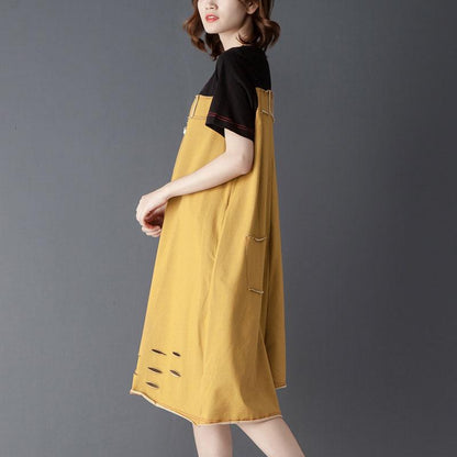 Irregular Splicing Round Neck Short Sleeve Yellow Dress