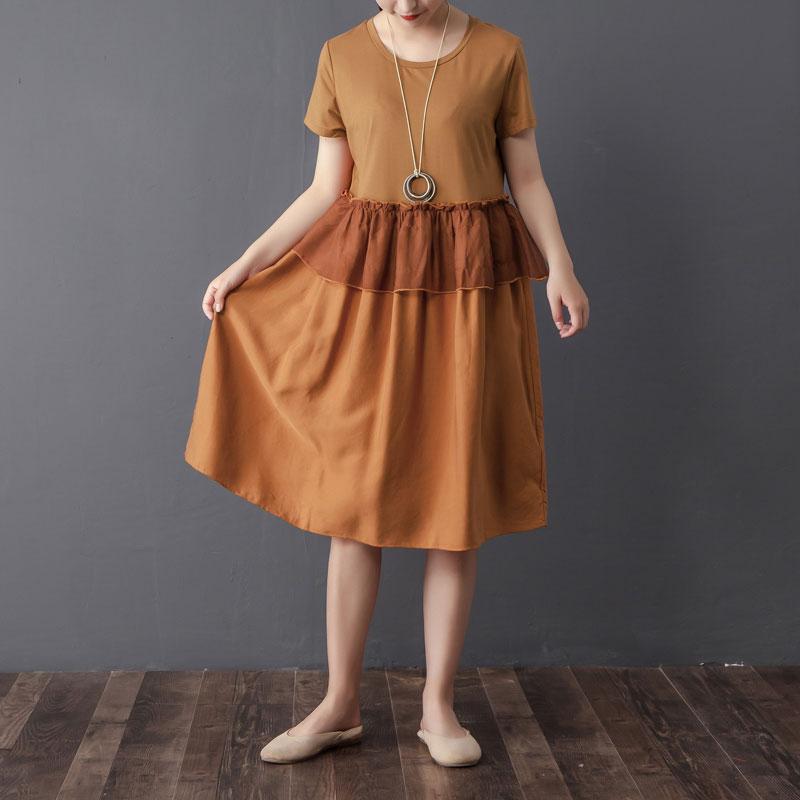 Splicing Round Neck Short Sleeve Orange Dress