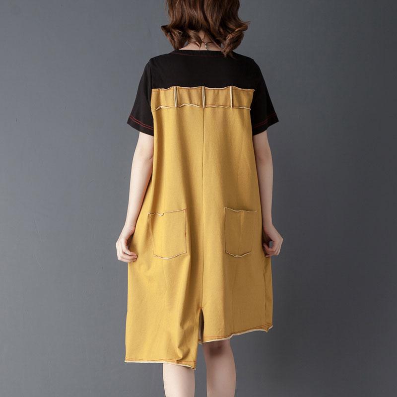 Irregular Splicing Round Neck Short Sleeve Yellow Dress
