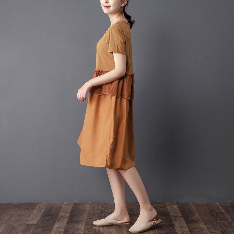 Splicing Round Neck Short Sleeve Orange Dress