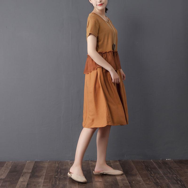 Splicing Round Neck Short Sleeve Orange Dress