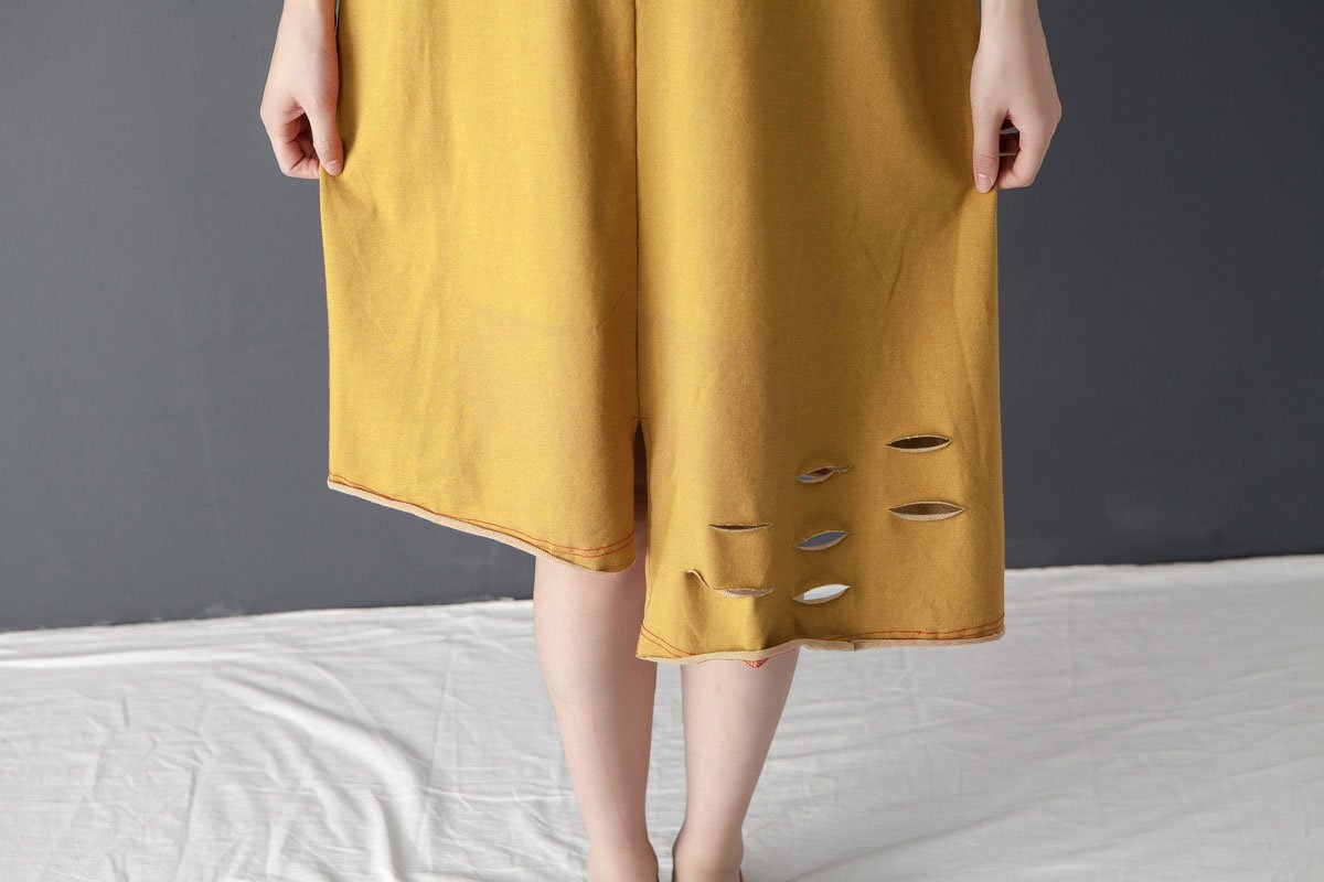 Irregular Splicing Round Neck Short Sleeve Yellow Dress