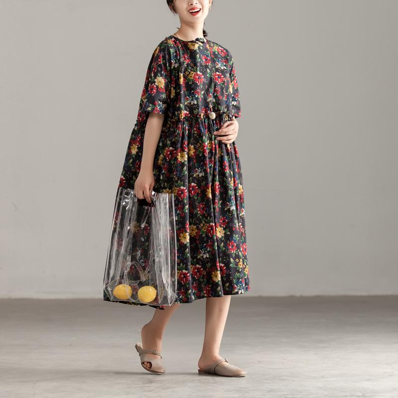Casual Short Sleeve Pockets Floral Pleated Lacing Dress