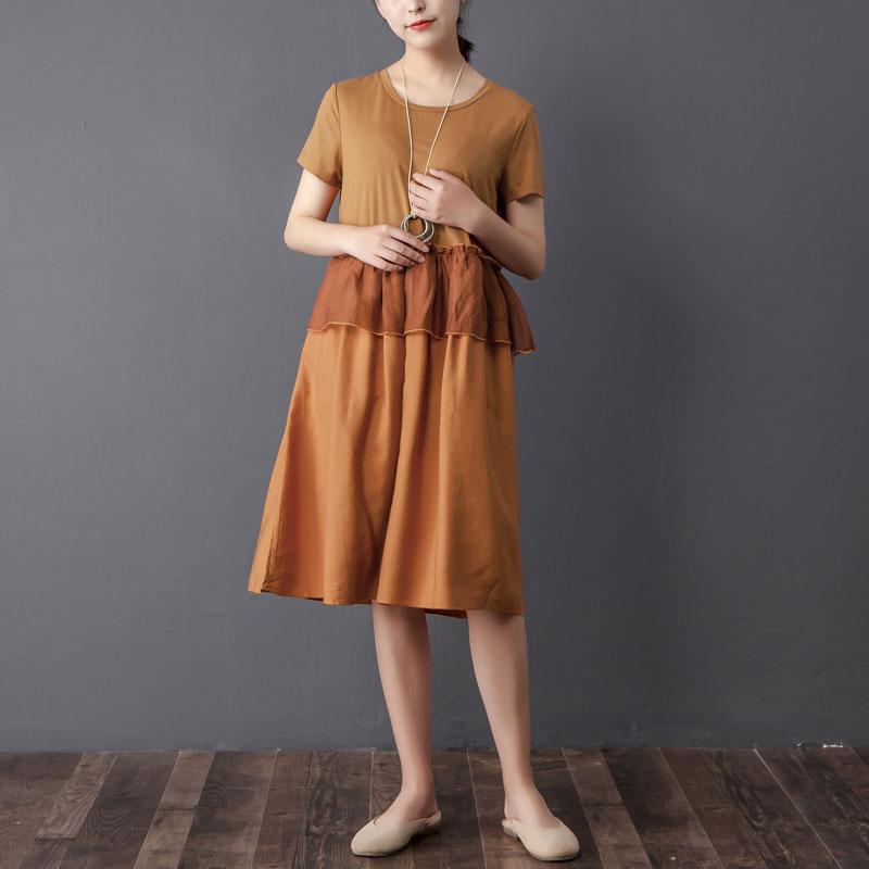 Splicing Round Neck Short Sleeve Orange Dress