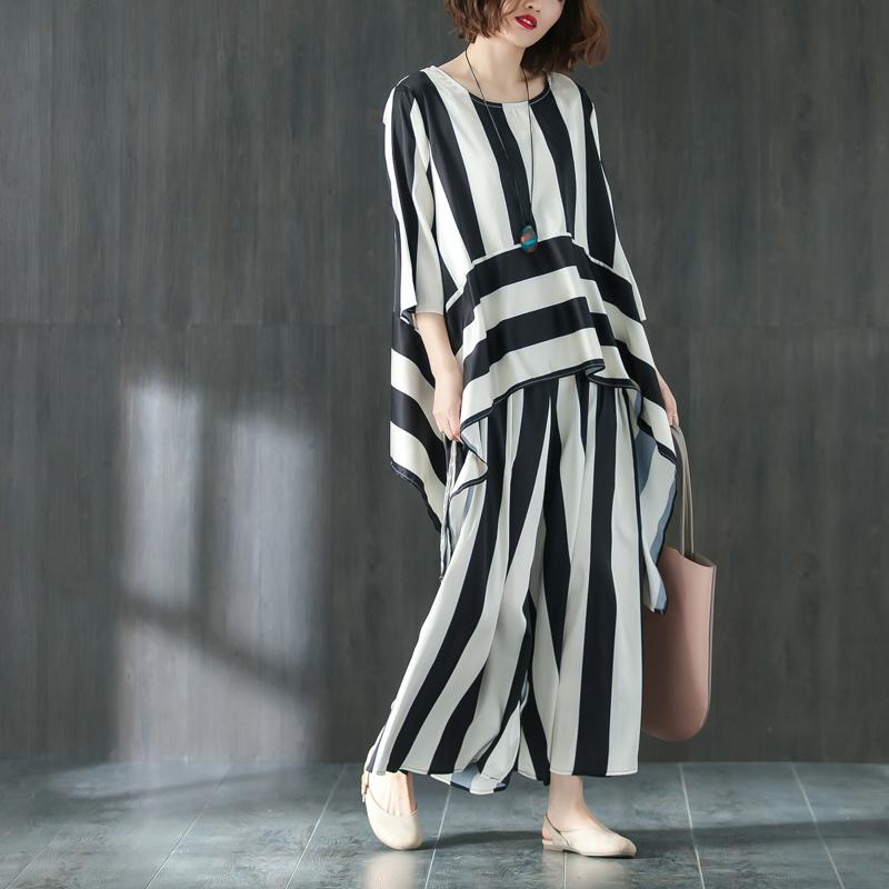 Loose Summer Suit Three Quarter Sleeve Shirt Stripe Pants
