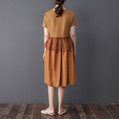 Splicing Round Neck Short Sleeve Orange Dress