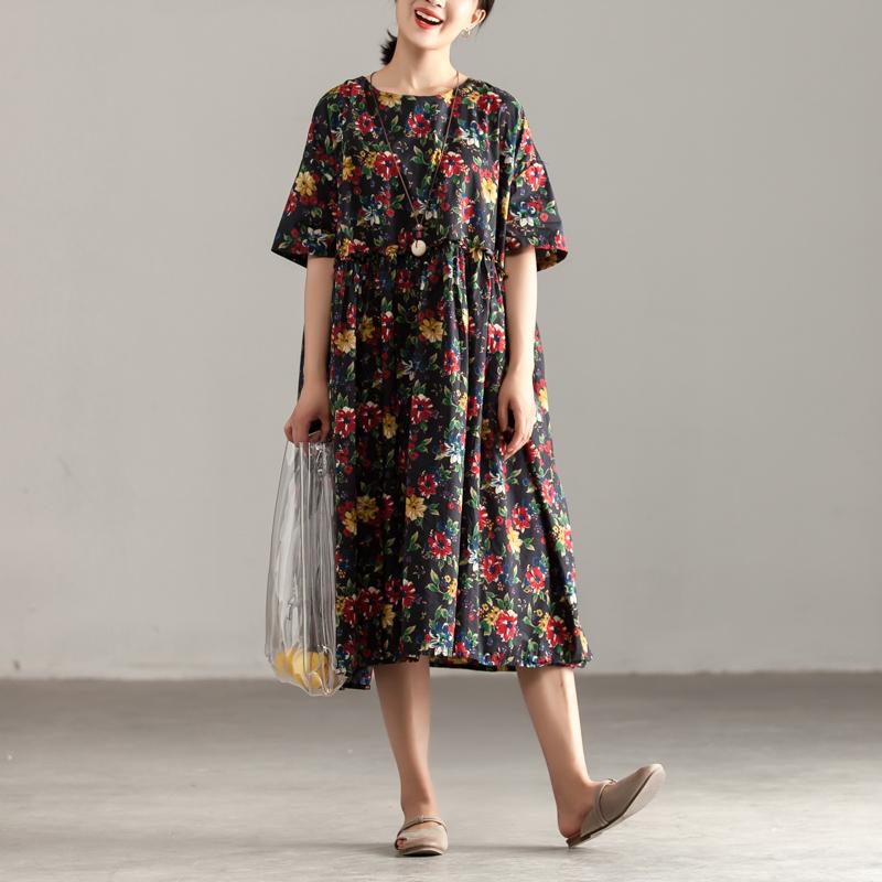 Casual Short Sleeve Pockets Floral Pleated Lacing Dress