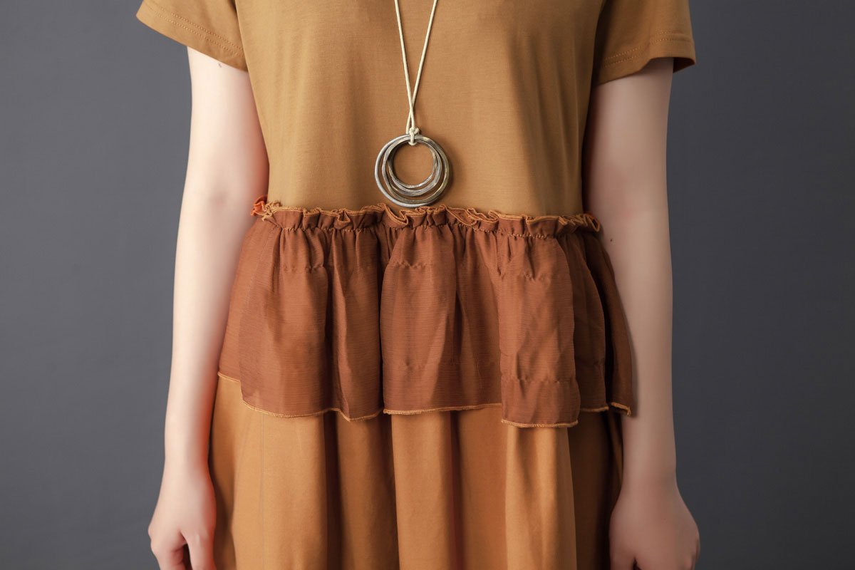 Splicing Round Neck Short Sleeve Orange Dress