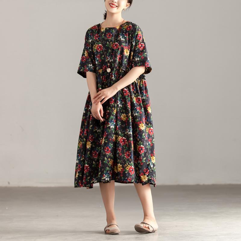 Casual Short Sleeve Pockets Floral Pleated Lacing Dress
