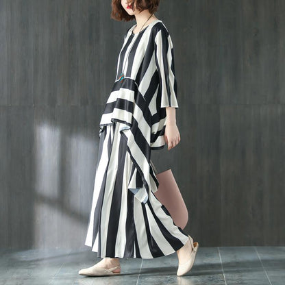 Loose Summer Suit Three Quarter Sleeve Shirt Stripe Pants