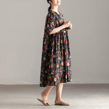Casual Short Sleeve Pockets Floral Pleated Lacing Dress
