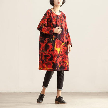 Women Loose Round Neck Long Sleeve Red Printing Dress