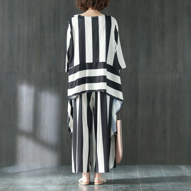 Loose Summer Suit Three Quarter Sleeve Shirt Stripe Pants