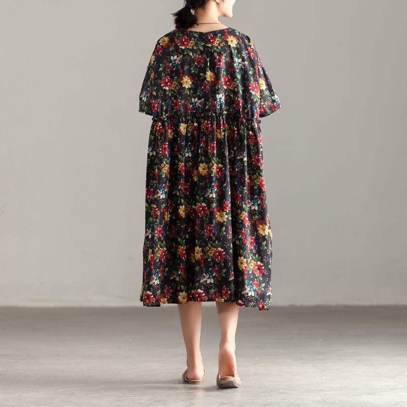 Casual Short Sleeve Pockets Floral Pleated Lacing Dress