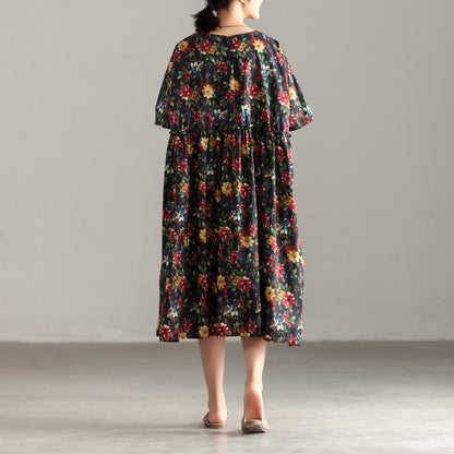 Casual Short Sleeve Pockets Floral Pleated Lacing Dress