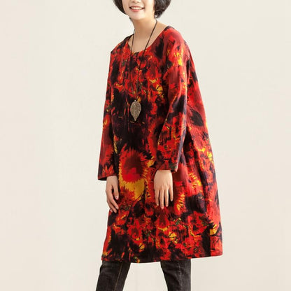Women Loose Round Neck Long Sleeve Red Printing Dress