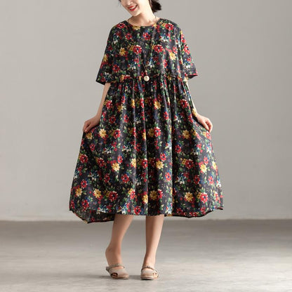Casual Short Sleeve Pockets Floral Pleated Lacing Dress