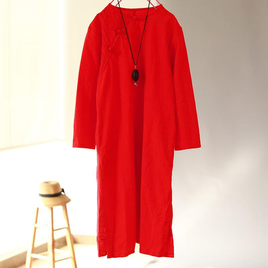 Flax Retro Long Sleeve Women Pleated Side Slit Dress