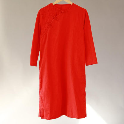 Flax Retro Long Sleeve Women Pleated Side Slit Dress