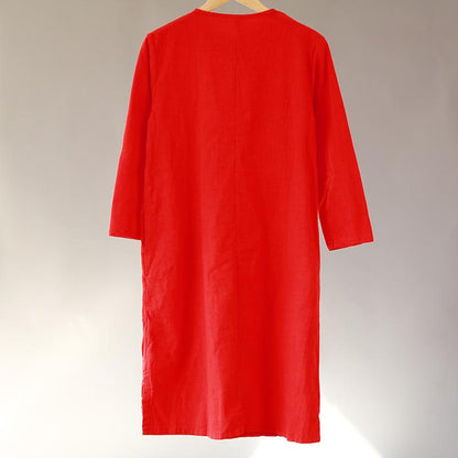 Flax Retro Long Sleeve Women Pleated Side Slit Dress