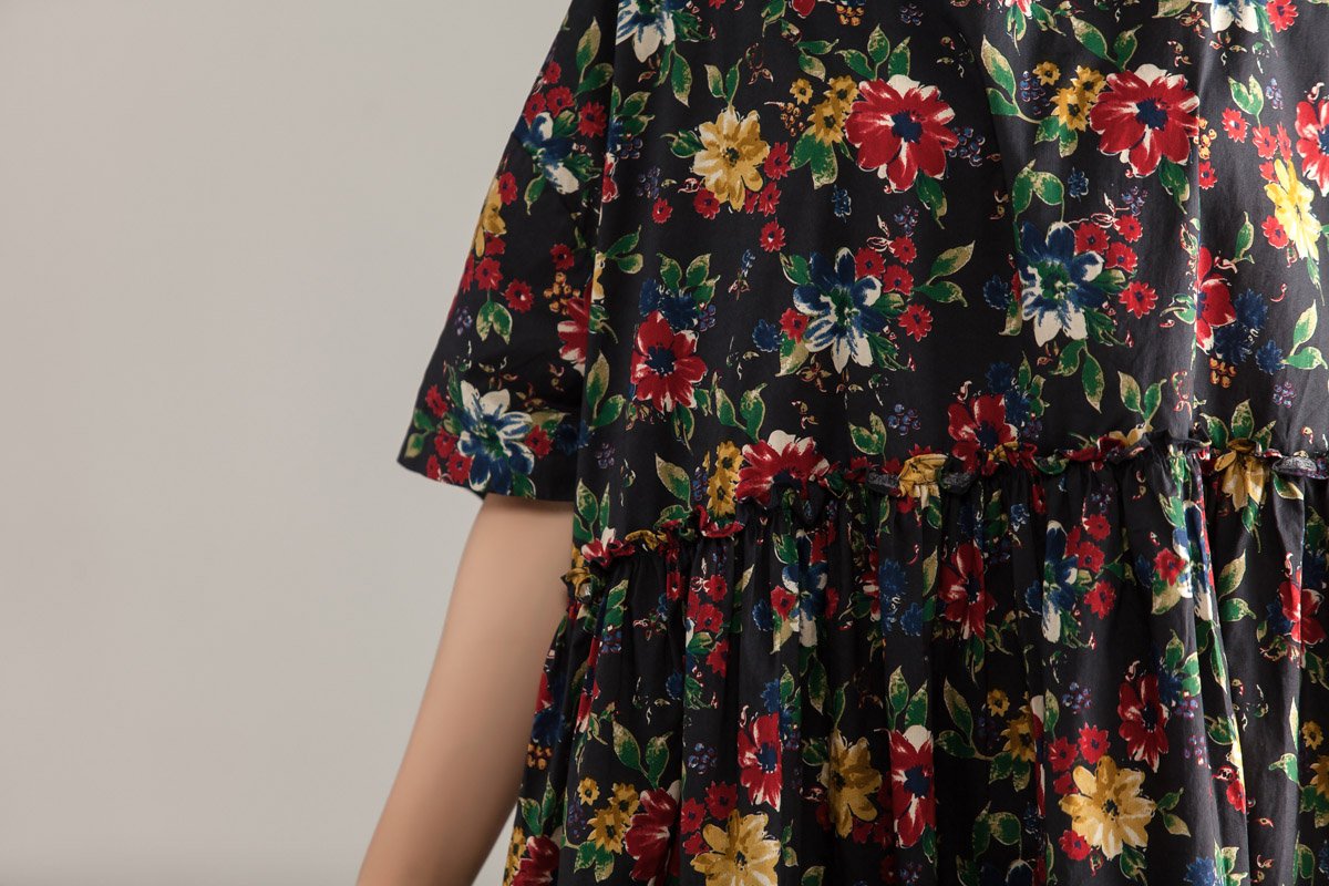 Casual Short Sleeve Floral Pockets Pleated Lacing Dress