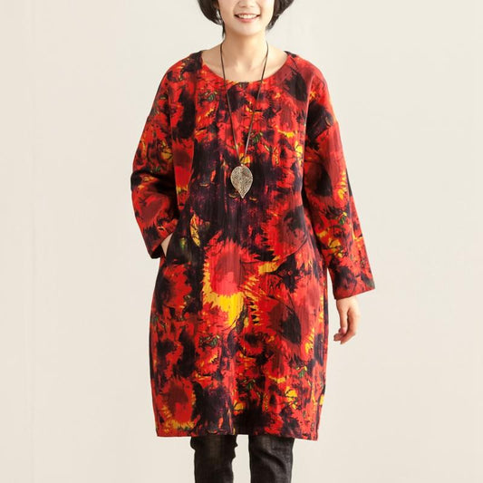 Women Loose Round Neck Long Sleeve Red Printing Dress