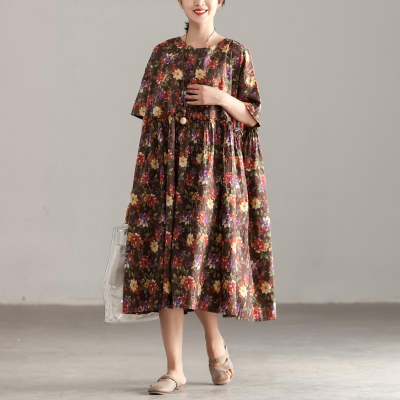 Casual Short Sleeve Floral Pockets Pleated Lacing Dress